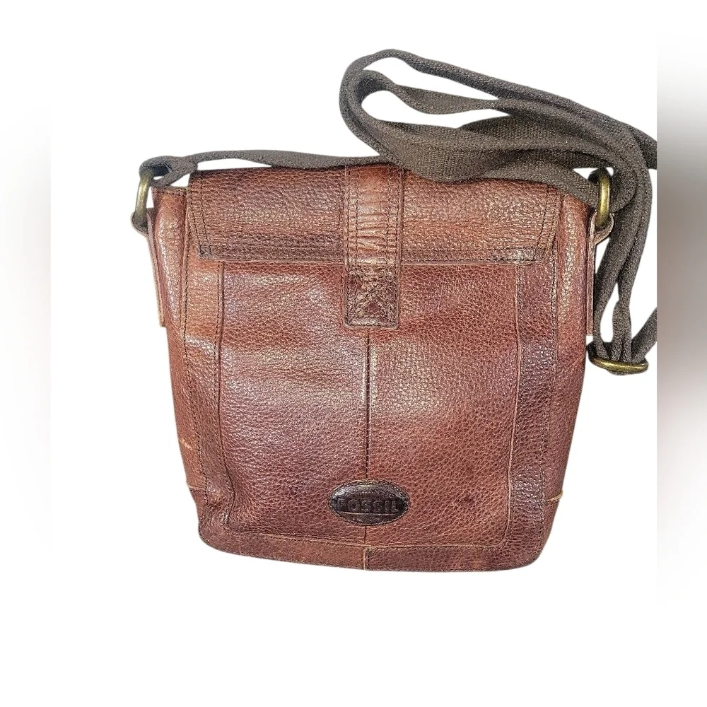 Fossil Travis City Brown Leather Vintage Messenger Crossbody With Canvas Strap